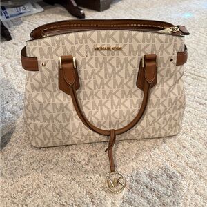 Michael Kors Cream Logo Satchel with Brown Trim and Gold Hardware